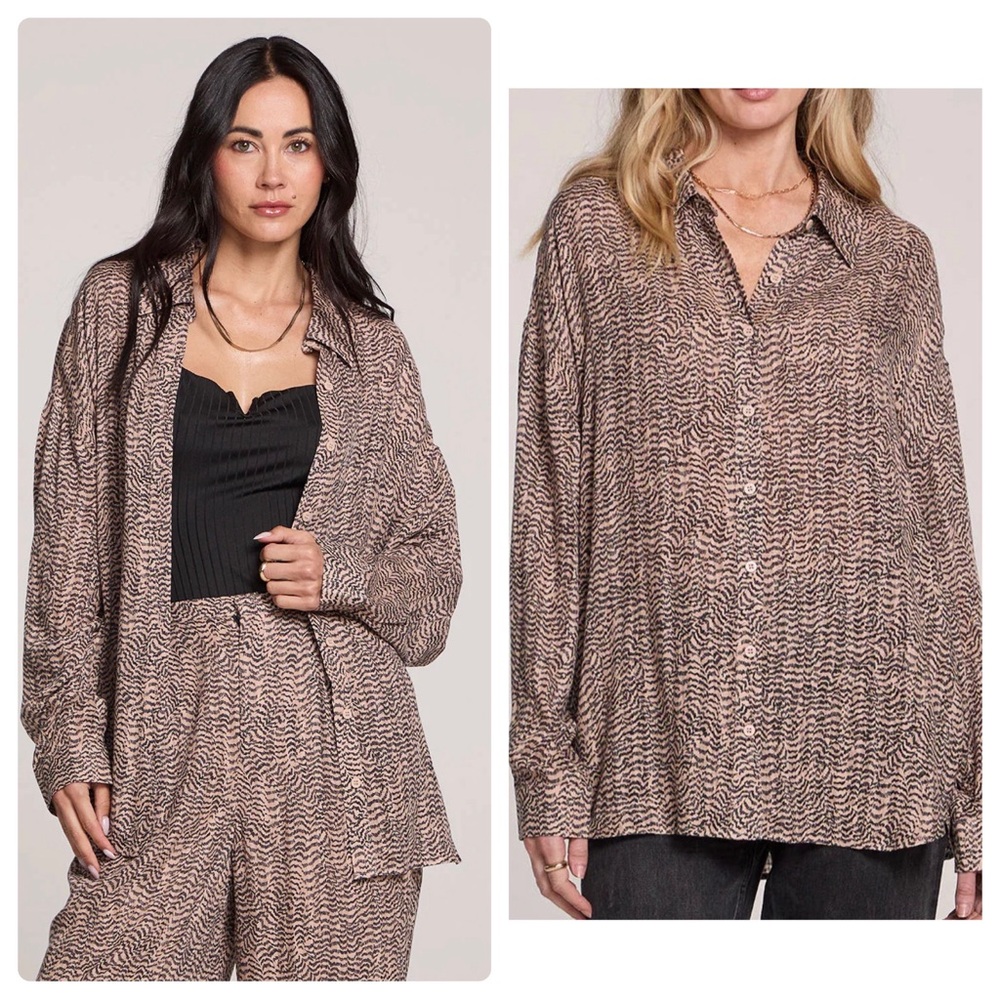 Saltwater Luxe Blayke Button Down Shirt in Black Tan Sz. Small